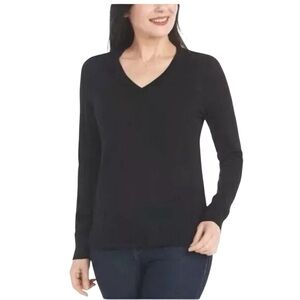 Katherine Barclay 100% Merino Wool Black Long Sleeve V Neck Sweater Top Size XS